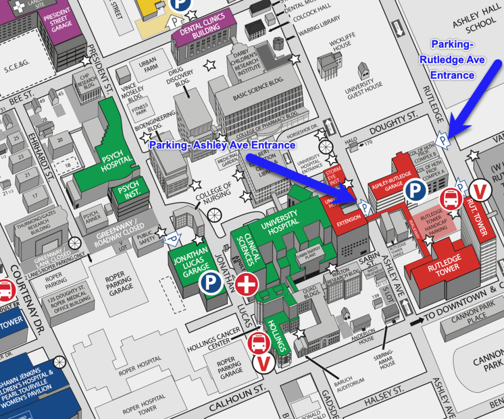 A map of MUSC with arrows pointing to the two entrances to the parking garage
